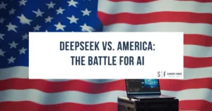 DeepSeek vs. America: The Battle for AI hero image header with American flag and open laptop in the background