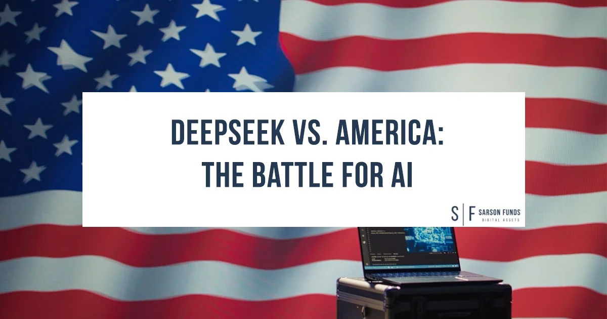 DeepSeek vs. America: The Battle for AI hero image header with American flag and open laptop in the background