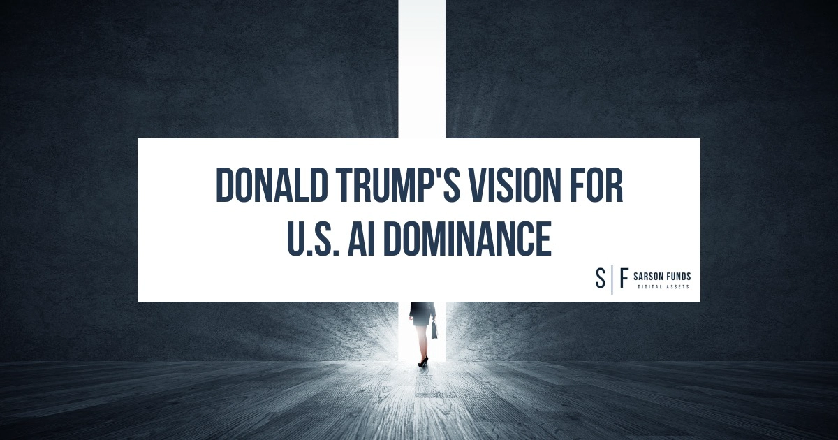Donald Trump's Vision for U.S. AI Dominance, featuring a bold title on a dark futuristic background with light shining through a doorway.