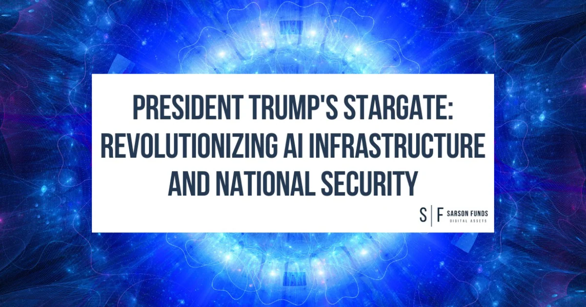 President Trump's Stargate: Revolutionizing AI Infrastructure and National Security, featuring a futuristic blue background with glowing network effects.