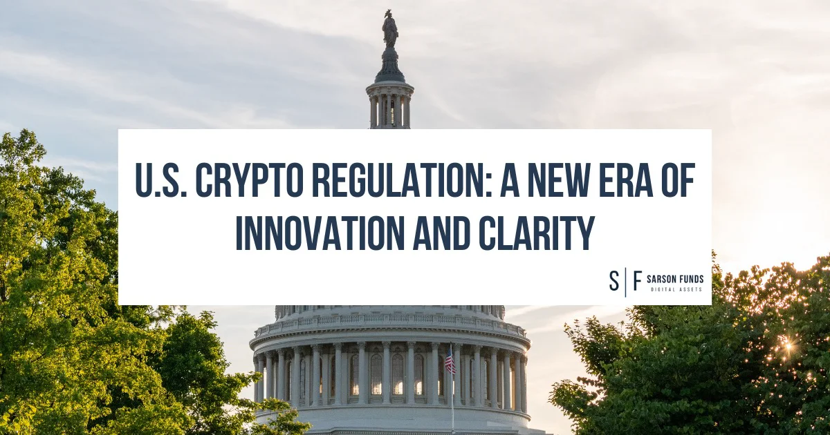 U.S. Capitol building with a banner reading "U.S. Crypto Regulation: A New Era of Innovation and Clarity" representing evolving cryptocurrency policies