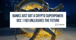 Superhero figure opening a vault full of gold, symbolizing banks gaining crypto capabilities with OCC 1183