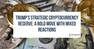 Gold Bitcoin coins and U.S. dollar bills with text overlay about Trump’s strategic cryptocurrency reserve