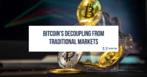 Bitcoin coins in a glass piggy bank with upward-trending market lines in background