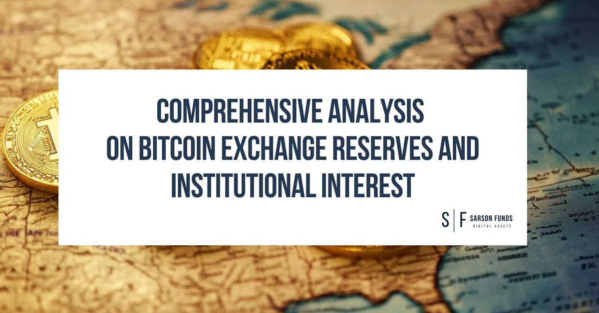 Bitcoin coins on a world map background with text reading “Comprehensive Analysis on Bitcoin Exchange Reserves and Institutional Interest”
