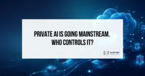 Private AI blog graphic showing connected devices, cloud infrastructure and decentralized network nodes with Sarson Funds branding.