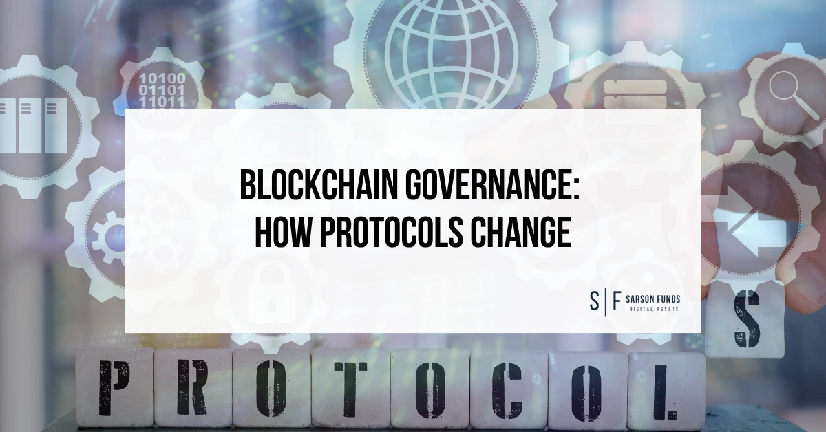 Blockchain governance title graphic with protocol blocks, digital gears and Sarson Funds branding.