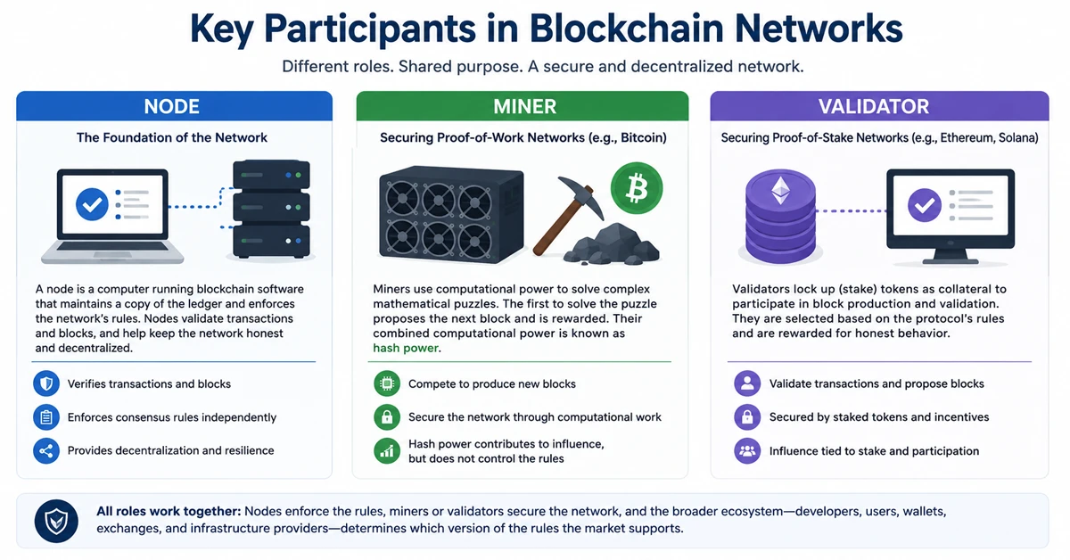 Infographic explaining nodes, miners and validators in blockchain networks.