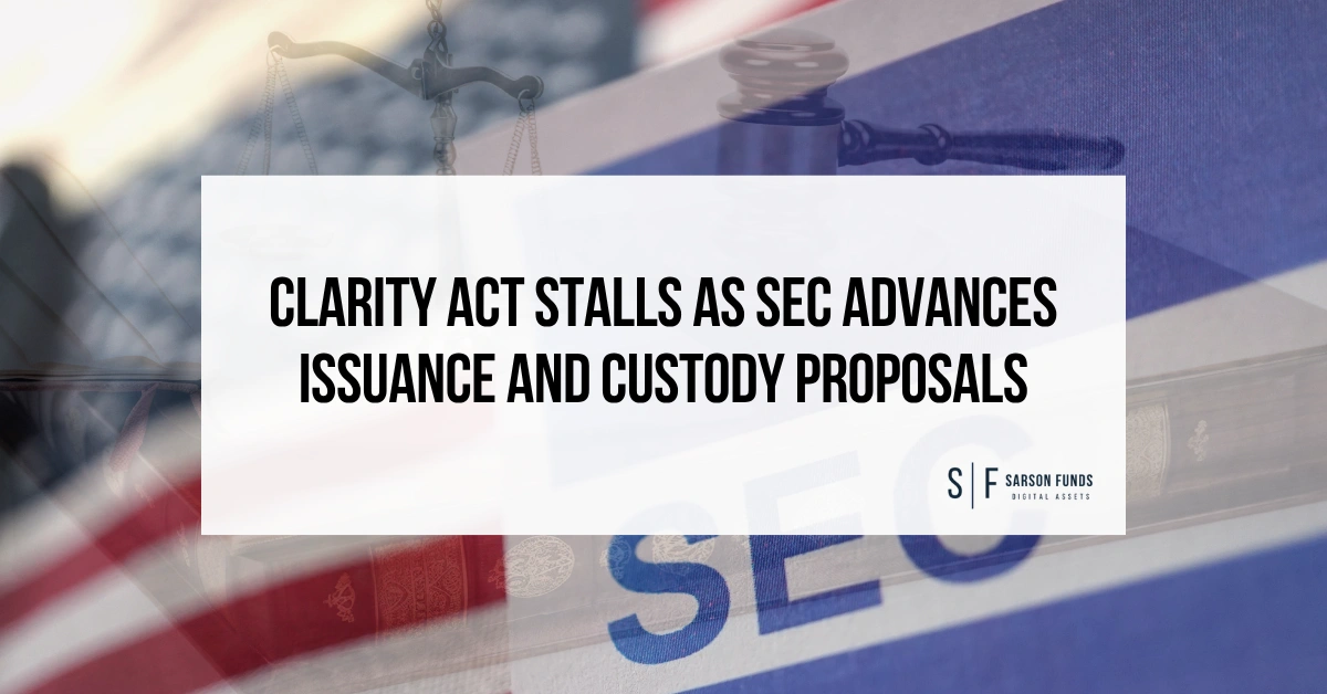CLARITY Act and SEC proposals headline over a U.S. flag, scales of justice and gavel, with Sarson Funds branding.